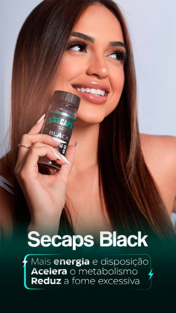 Secaps black, mulher sorrindo segurando pote do suplemento secaps black, com a mensagem: mais energia e disposição