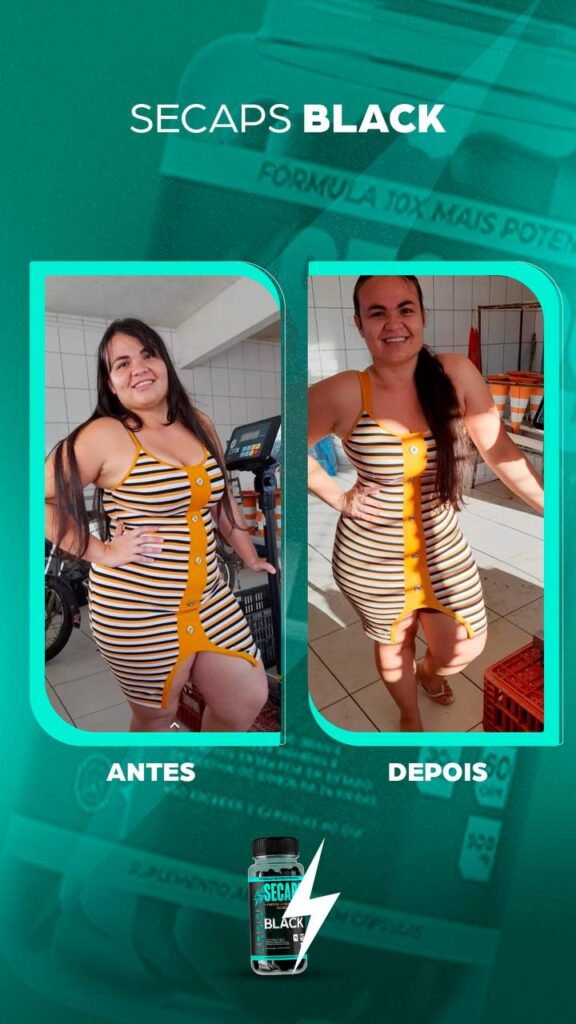 mulher que utilizou Secaps Black Suplemento e mostra o resultado que teve na balança, antes e depois.